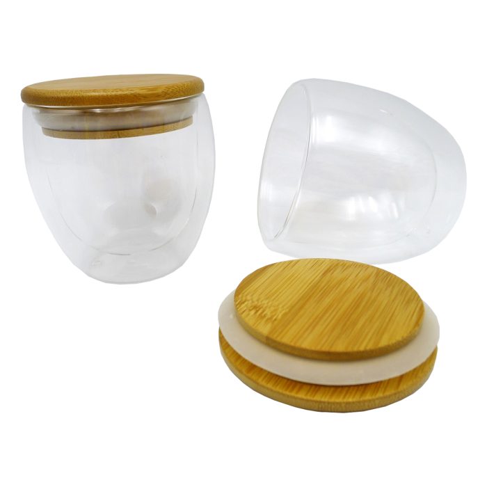 Vaso de vidrio doble pared con tapa de bamboo M7